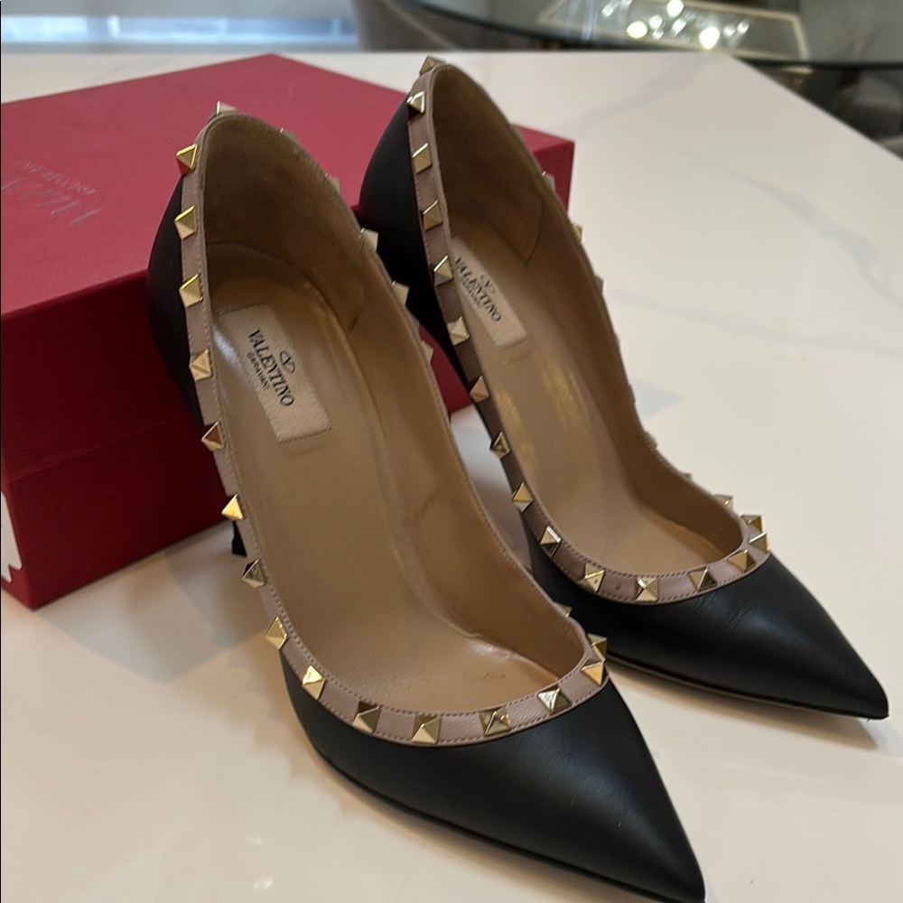 Valentino Black and Gold Studded Heels